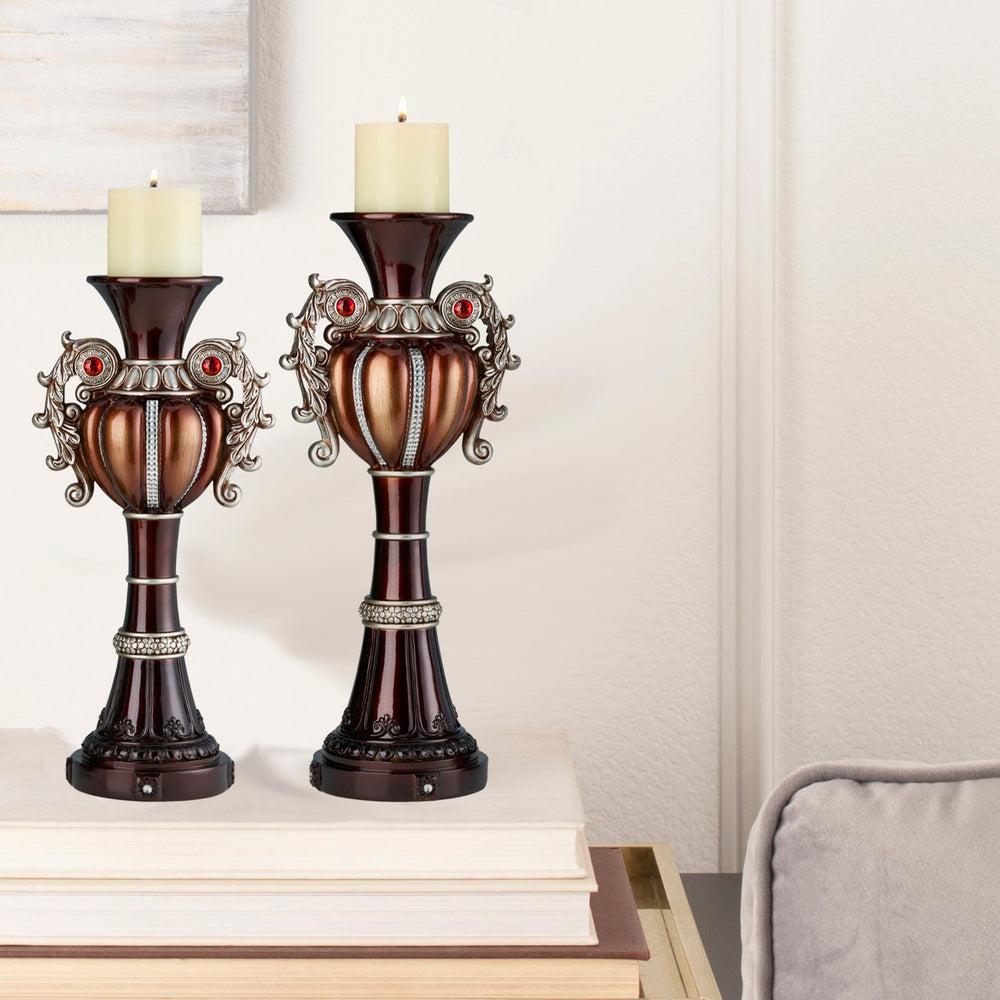 English Elm 16" Delicata Urn Candleholder Set of 2 in Bronze with Bejeweled Accents, Polyresin, Includes Ivory Candles B072116563