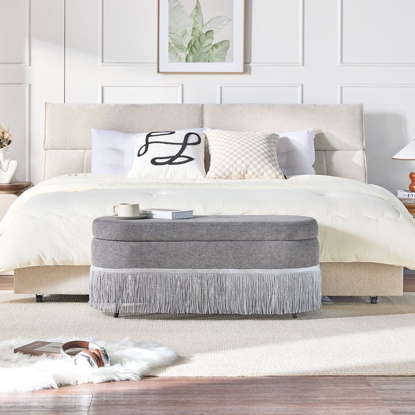 English Elm Oval Fringe Trim Upholstered Lift Top Storage Ottoman Stylish Footrest for Any Room Grey W5501P462408