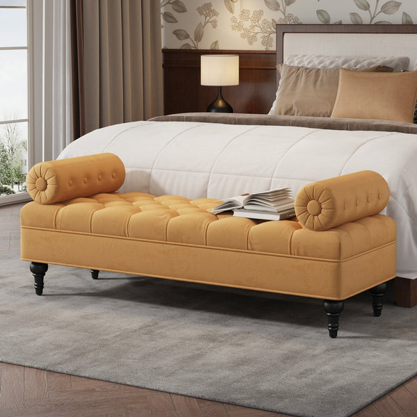 English Elm Modern Tufted Velvet Bench with Gourd Legs and Pillows for Bedroom Entryway Yellow N761P335807L