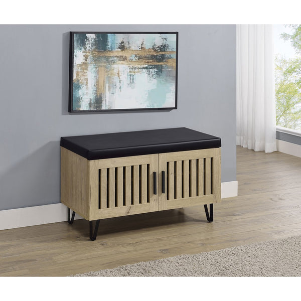 English Elm Astor Smoked Finish Entryway Bench with Drawer Open Shelving and Faux Leather Seat White Oak B062P440403
