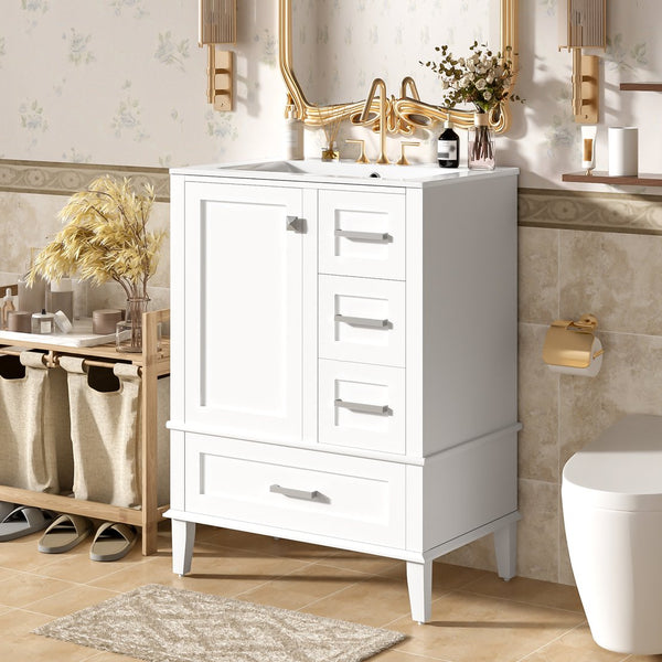 English Elm 24" Olive Bathroom Vanity Solid Wood Frame Ceramic Sink Gold Hardware Soft Close White N729P373276K