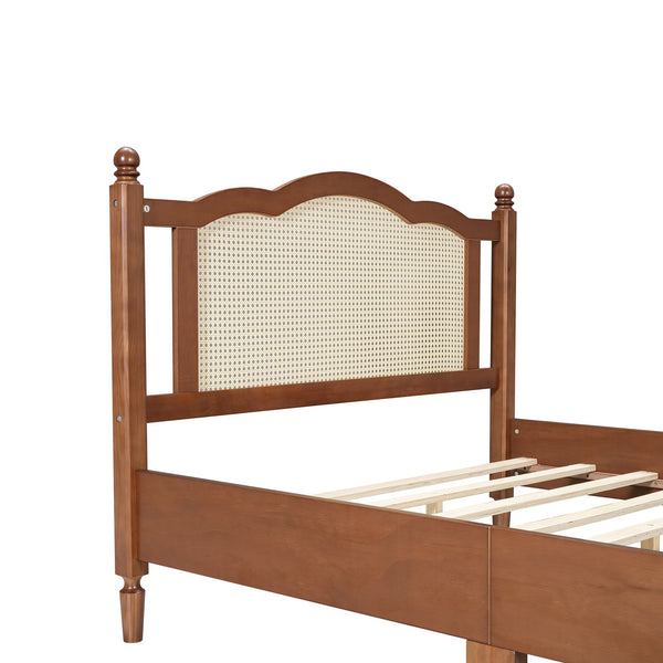 English Elm Full Size Walnut Platform Bed with Arched Rattan Headboard for Coastal Bohemian Rooms N733P180014D