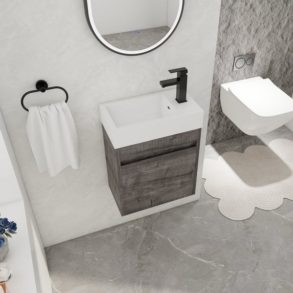 English Elm 18'' Floating Wall Vanity with Resin Sink, Open Shelf Storage, Eco-Friendly Plywood, Soft-Close Door Plaid Grey Oak W99936248