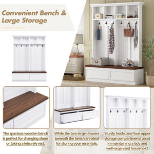 English Elm Rattan Door Hall Tree Bench with 6 Hooks Farmhouse Entryway Storage White+Walnut N721S000076K