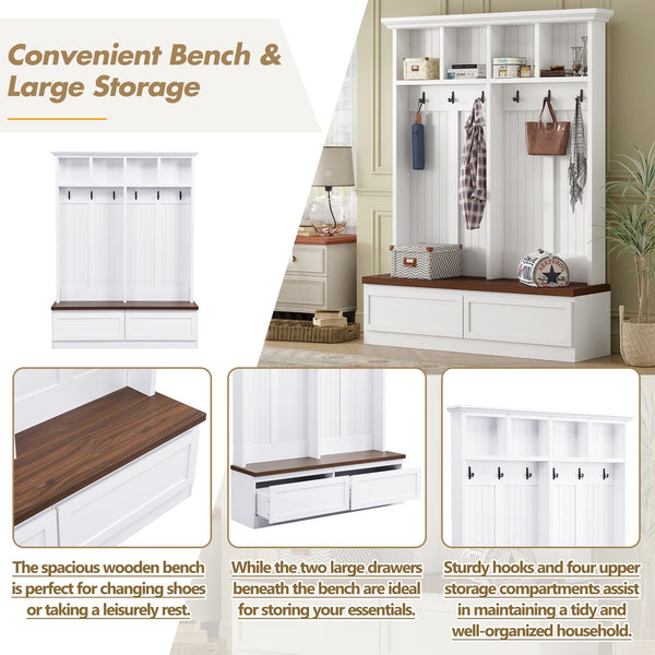 English Elm Rattan Door Hall Tree Bench with 6 Hooks Farmhouse Entryway Storage White+Walnut N721S000076K