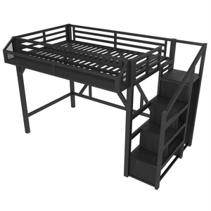 English Elm Full Xl Over Twin Triple Metal Bunk Bed with Storage Stairs and Shelves Black Black+Natural W1580S00407