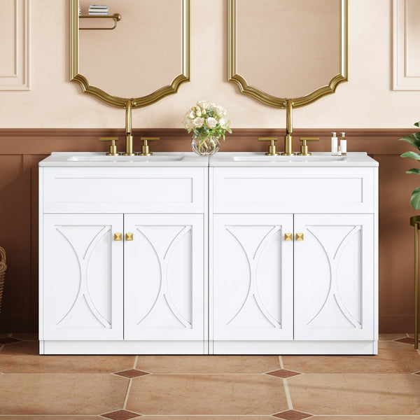 English Elm 60'' Bathroom Vanity Set With Glossy Ceramic Sink, Modern Cabinet, Gold Handles & Soft-Close Doors N710SS00005K