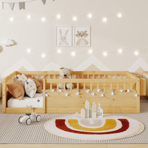 English Elm Twin Montessori Floor Bed Frame with High Rails and Built-In Light Shelf for Safe Independent Sleep Natural 79.13 L x 13 W x 6.3 H W2593P333571