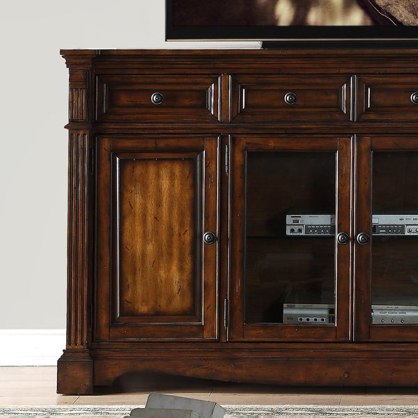 English Elm Parliament Traditional Hardwood Media Console with Bronze Hardware and Glass Doors B108P468547