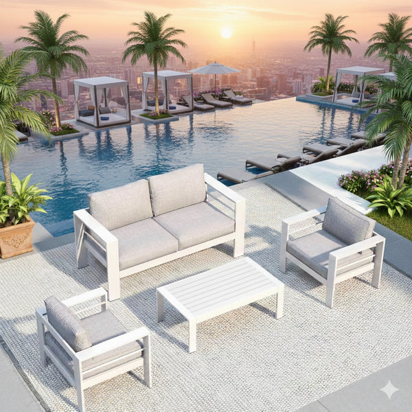 English Elm 4-piece Outdoor Aluminum Conversation Set with Deep Lounge Seating and Wpc Coffee Table Grey+White B082S00084