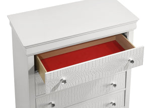 English Elm Blaze Modern 5-Drawer Chest In White Wood With Velvet-Lined Top For Elegant Bedroom Storage Solutions B009P286633