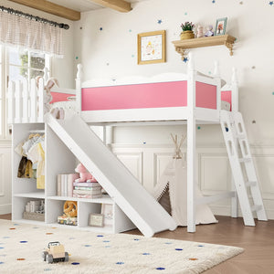 English Elm Twin Loft Bed Solid Pine Frame with Wardrobe Shelving Detachable Slide Kids Room Pink+White W5305S00016