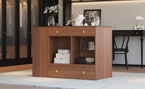 English Elm Closet Elegant walk-in island with glass display top, 6 drawers and open shelves for organized storage Walnut 39.76 L x 17.32 W x 12.2 H N733S304513D