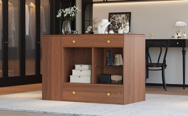 English Elm Closet Elegant walk-in island with glass display top, 6 drawers and open shelves for organized storage Walnut 39.76 L x 17.32 W x 12.2 H N733S304513D