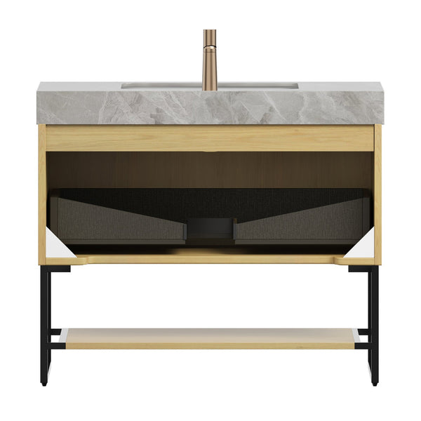 English Elm YOLAN 36" Bathroom Vanity with Integrated Solid Surface Basin, Pre-Assembled Plywood Cabinet, Soft-Close Drawer and Open Towel Shelf Black,Golden Oak,Light Gray,White W2615S00364