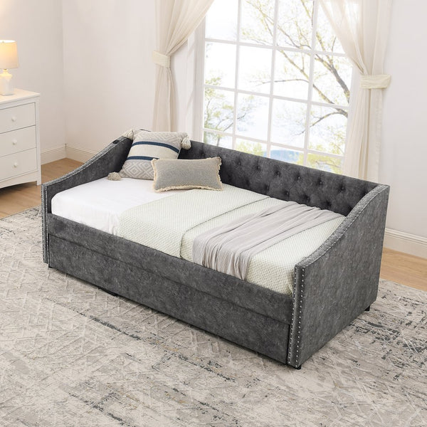 English Elm Twin Daybed with Pull Out Trundle Usb Charging Tufted Upholstered Sofa Guest Bed Grey W1413S00157