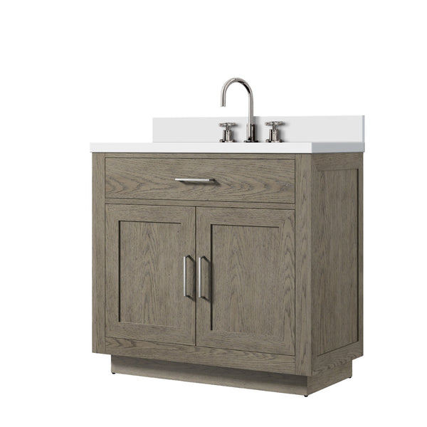 English Elm Grey Grey Oak Single Bath Vanity 36 in W x 22 in D with White Quartz Top, Chrome Gooseneck Faucet, Soft-Close cabinetry enhancements B2731P257689