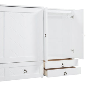 English Elm Queen Murphy Bed with Wardrobe Cabinets Built-in Usb Charging and Concealed Drawers White LP000590AAK