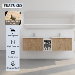 English Elm 72 Inch Wall Mounted Vanity with Resin Sink, Soft-Close Doors, Ample Storage Shelves, Durable Eco Plywood Finish Imitative Oak W999S00188