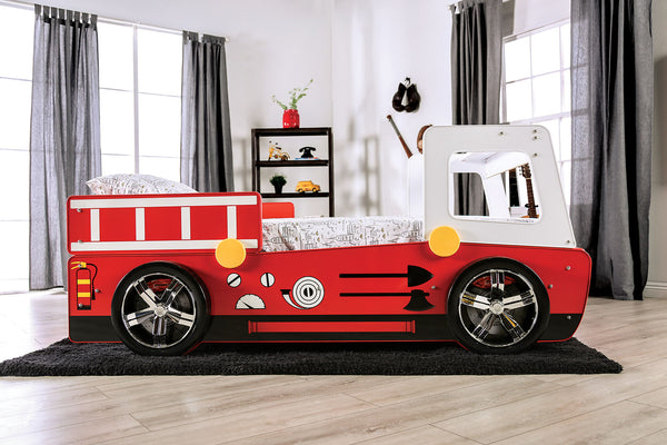 English Elm Twin Fire Truck Bed for Kids with Molded Fascia, Siren Accent, Stationary Wheels & Slat Kit Durable Finish Red 84 L x 20 W x 3 H B2741S00499