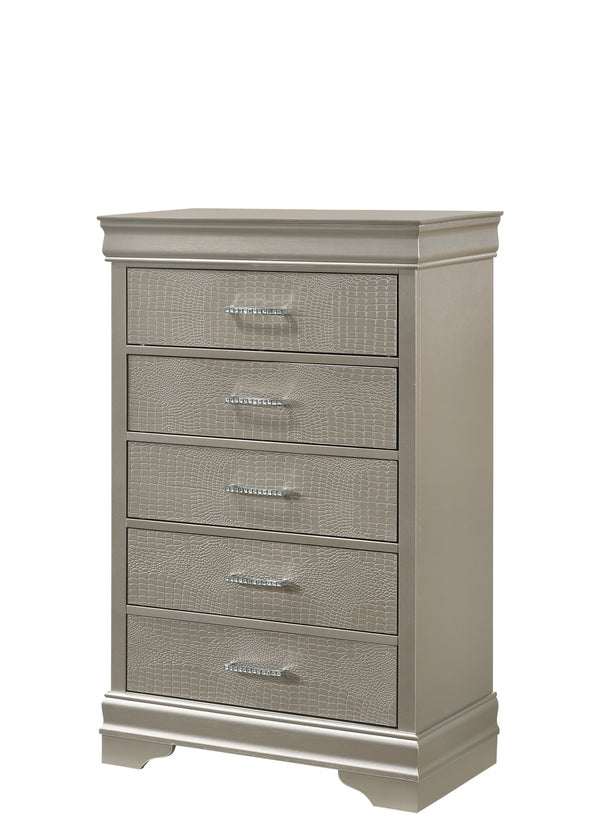 English Elm 5-Drawer Tall Chest Solid Wood Nightstand with Crystal Tufted Handles and Nickel Finish Accent Beige,Champagne 33.86 L x 18.31 W x 51.18 H B011P198809