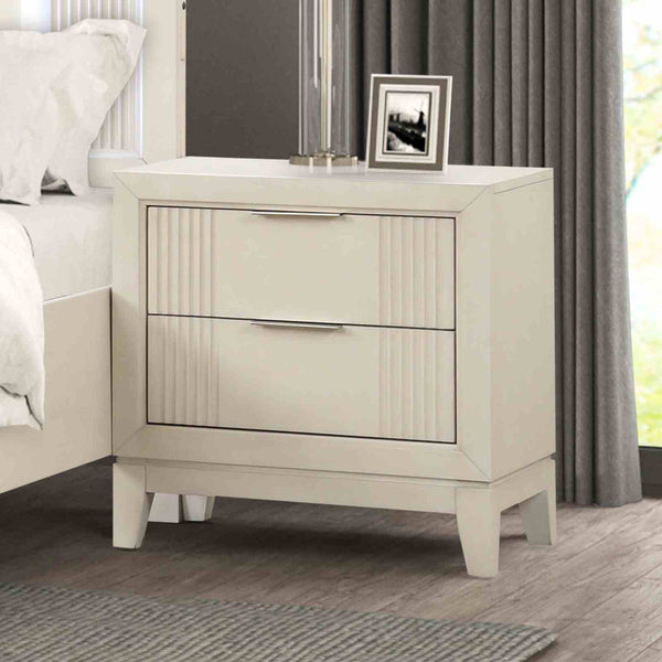 English Elm Transitional Fluted Nightstand Antique White Birch Wood Dovetail Drawers Chrome Pulls B2741P435885