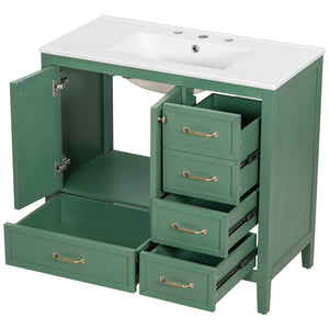 English Elm Christopher Knight Home® - 36" Vintage-inspired Bathroom Vanity with Ceramic Sink, Solid Wood Frame, Soft-Close Drawers, Spacious Storage Green N759P293646F