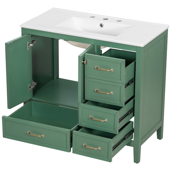 English Elm Christopher Knight Home® - 36" Vintage-inspired Bathroom Vanity with Ceramic Sink, Solid Wood Frame, Soft-Close Drawers, Spacious Storage Green N759P293646F