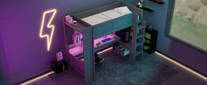 English Elm Wood Twin Loft Bed with Desk Led Lighting Charging Ports and Multi-zone Storage SM000373AAE