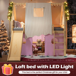 English Elm Full Size Pine Loft Bed with Slide Tent Panels Led Lights and Play Space Below W1580S00291