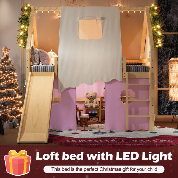 English Elm Full Size Pine Loft Bed with Slide Tent Panels Led Lights and Play Space Below W1580S00291
