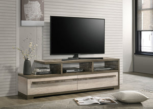 English Elm 1pc Mid-Century TV Stand 71.1" Wide Light Finish with Sliding Doors, Tapered Legs & Gold Handles Wood 74 L x 19 W x 22 H B2741P406265
