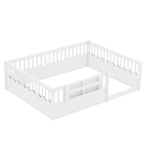 English Elm Queen Low Profile Kids Floor Bed with Guardrails Bookshelf and Pine Wood Frame White W1580P373142