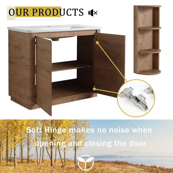 English Elm 40'' Freestanding Bathroom Vanity With Glossy Ceramic Sink, Soft-Close Doors & Ample Storage Rack W999S00405