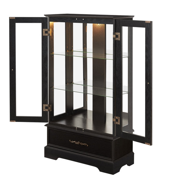 English Elm Lighted Curio Cabinet With Adjustable Shelves & Built-In Drawer - Elegant Display With Lighting, Black W1758P297549