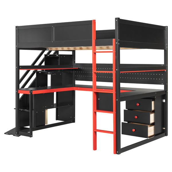 English Elm Full Size Gaming Loft Bed with Led Lighting Desk Shelves and Usb Charging Ports N820S00071J