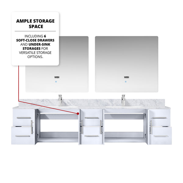 English Elm Glossy White Double Bath Vanity 84" W x 22" D with Carrara Marble Top, Chrome Faucet, LED Mirrors B2731S01053