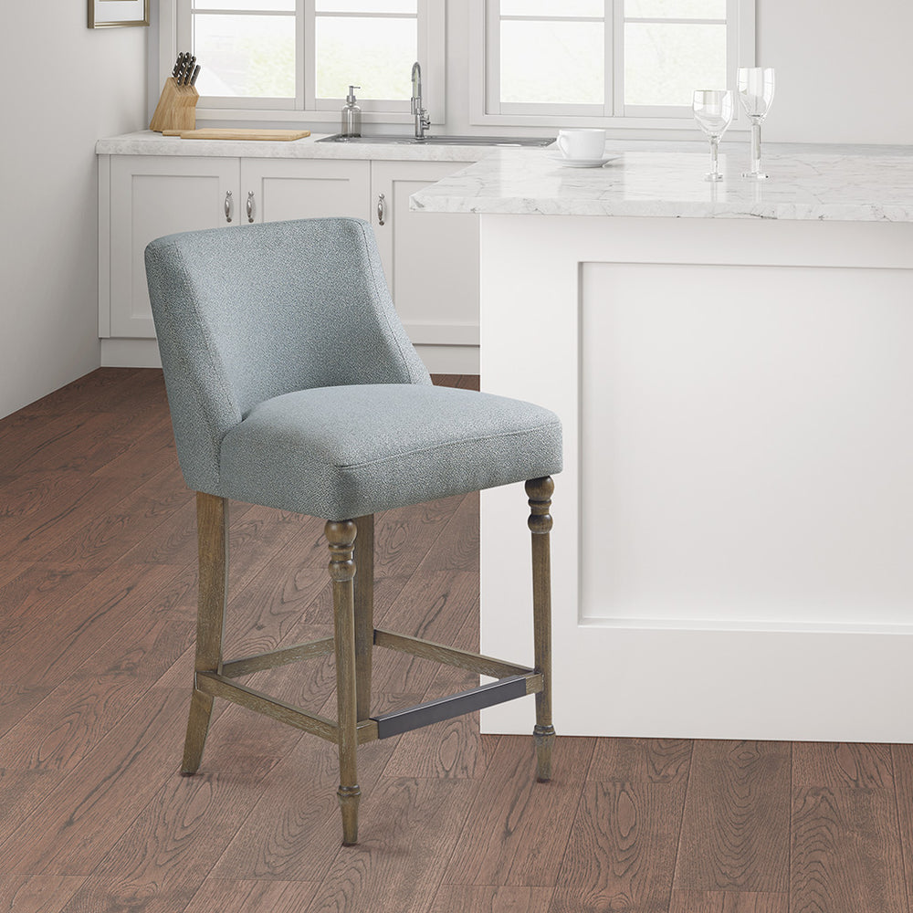 JLA Home Martha Stewart - 25" Upholstered Counter Stool — Transitional Padded Seat & Back, Turned Wood Legs, Metal Kickplate Accent MT104-0141