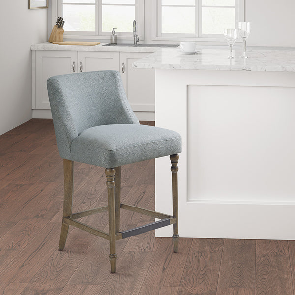 JLA Home Martha Stewart - 25" Upholstered Counter Stool — Transitional Padded Seat & Back, Turned Wood Legs, Metal Kickplate Accent MT104-0141