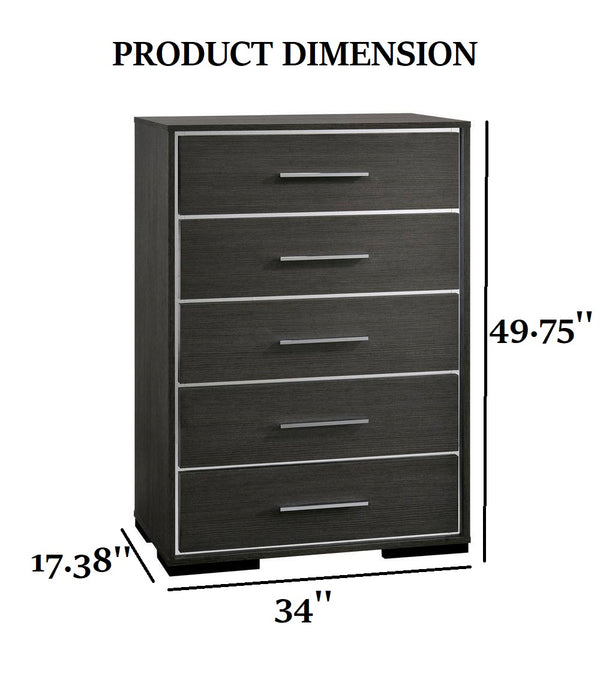 English Elm Contemporary Chic Five-Drawer Chest with Chrome Legs, High-Gloss Coating, Smooth Modern Design Warm Grey 37 L x 20 W x 53 H B2741P368142