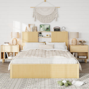 English Elm Queen Storage Bed Oak Finish Sliding Barn Door Headboard with Built-in Charging T3773P417190