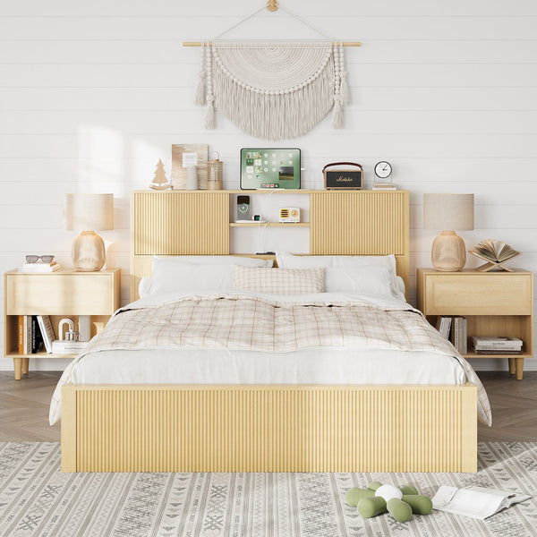 English Elm Queen Storage Bed Oak Finish Sliding Barn Door Headboard with Built-in Charging T3773P417190