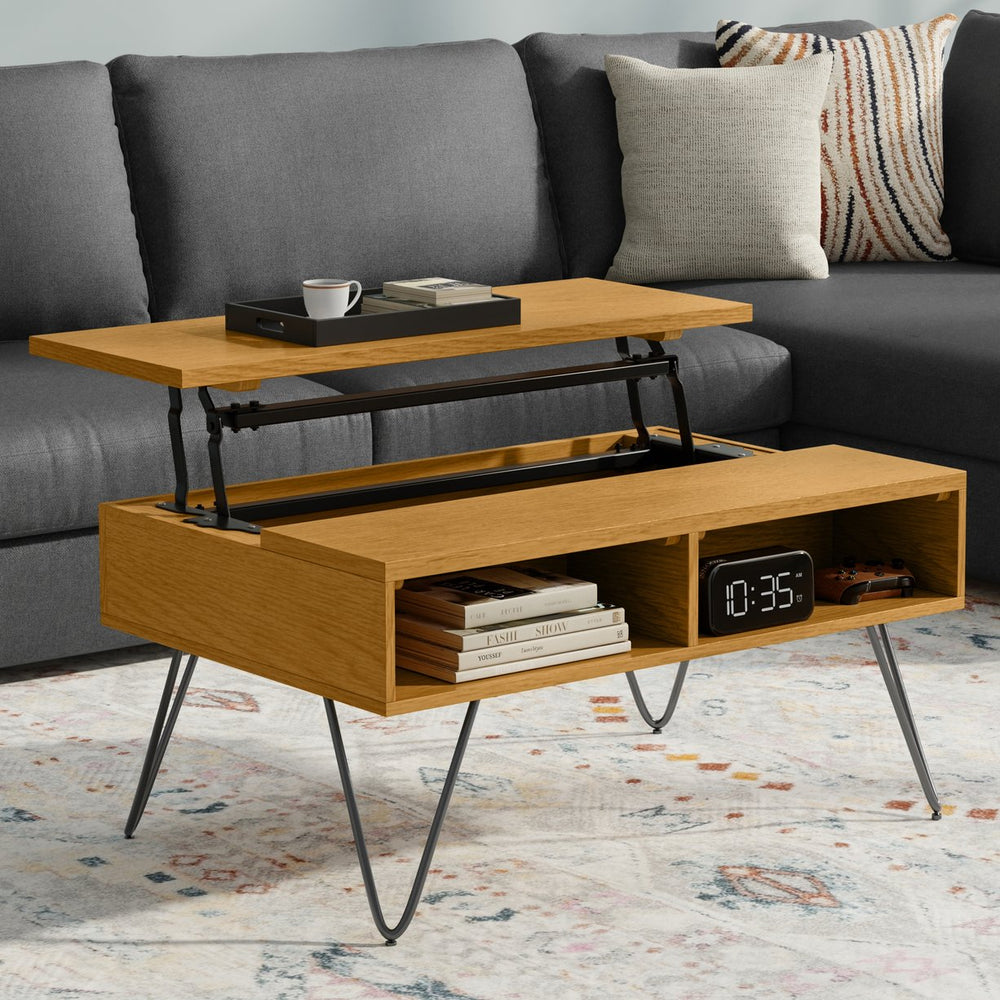 English Elm Hunter Solid Oak Lift Top Coffee Table with Hidden Storage and Iron Hairpin Legs B136P429091