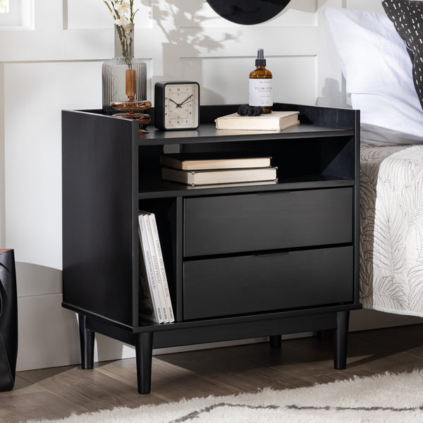 English Elm Walker Edison - Mid-Century Solid Pine 2-Drawer Gallery Nightstand with Tray Top, Open Cubby & Metal Pulls Black 28 L x 21 W x 7 H B185P168986