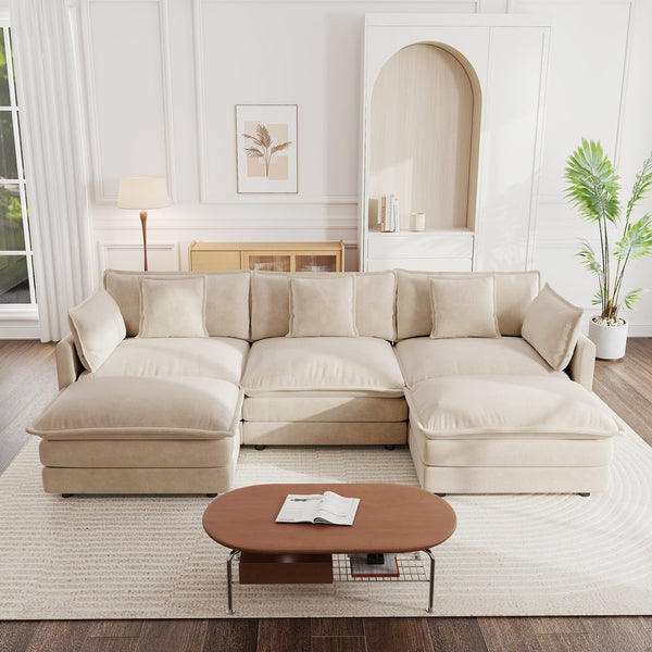 English Elm U-shaped Chenille Sectional with Dual Ottomans Modular Living Room Couch 5 Seat W714S00903