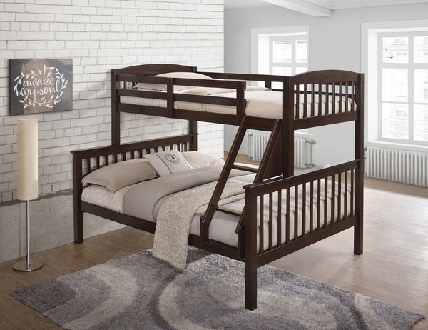 English Elm Transition Twin Full Bunk Bed With Angled Ladder & Slat Support - Stylish Cherry Finish Upgrade B2741S00272-GIGA
