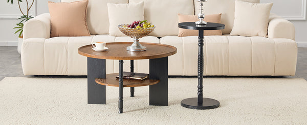 English Elm 2-piece Round Coffee and Side Table Set Walnut Grain Storage Shelf Living Room W1151P433331