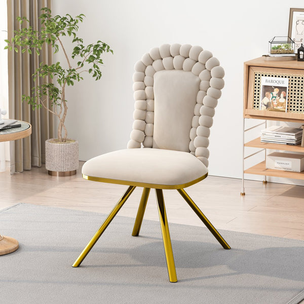 English Elm Dining Velvet Swivel Chairs Set of 2 with Hairball Backrest, Gold Metal Legs, Plush Foam Seat, Adjustable Feet Beige W757P281151