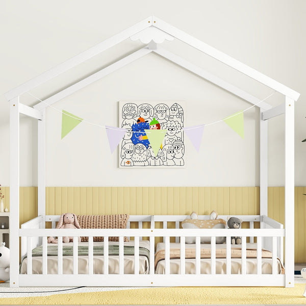 English Elm Double Twin House-Style Floor Bed with Fence Guardrails for Kids, Pine & Plywood Durable Design White W504P308460