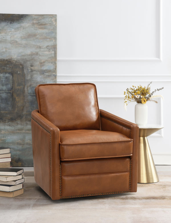 English Elm Rocha Brown Leather Aire Swivel Chair with Glider, Plush Pocket Coil Seat, 180° Swivel Comfort B2726P255376